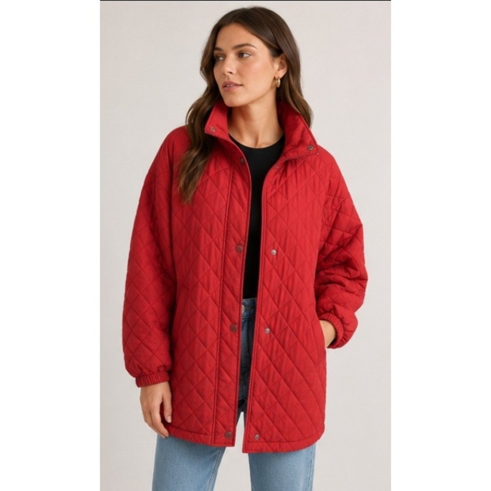 Bromley Sport Red Quilted Barn Jacket Mock Neck Zip Button Front Womens Medium